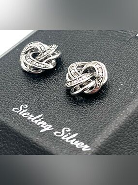NWT- Sterling Silver Knot with Diamond Stud Earrings
